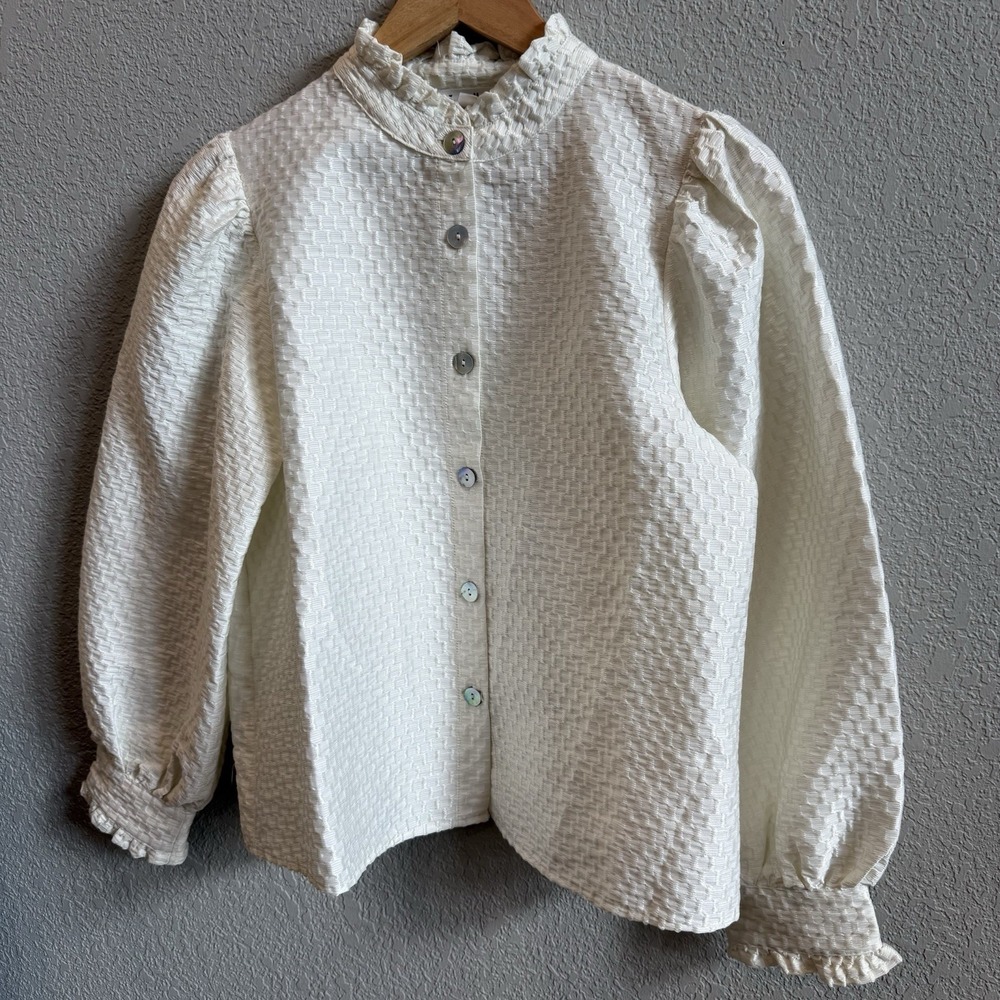 THML Cream Texture Frill Neck Button Up Top Blouse Ruffle Smocked Cuff